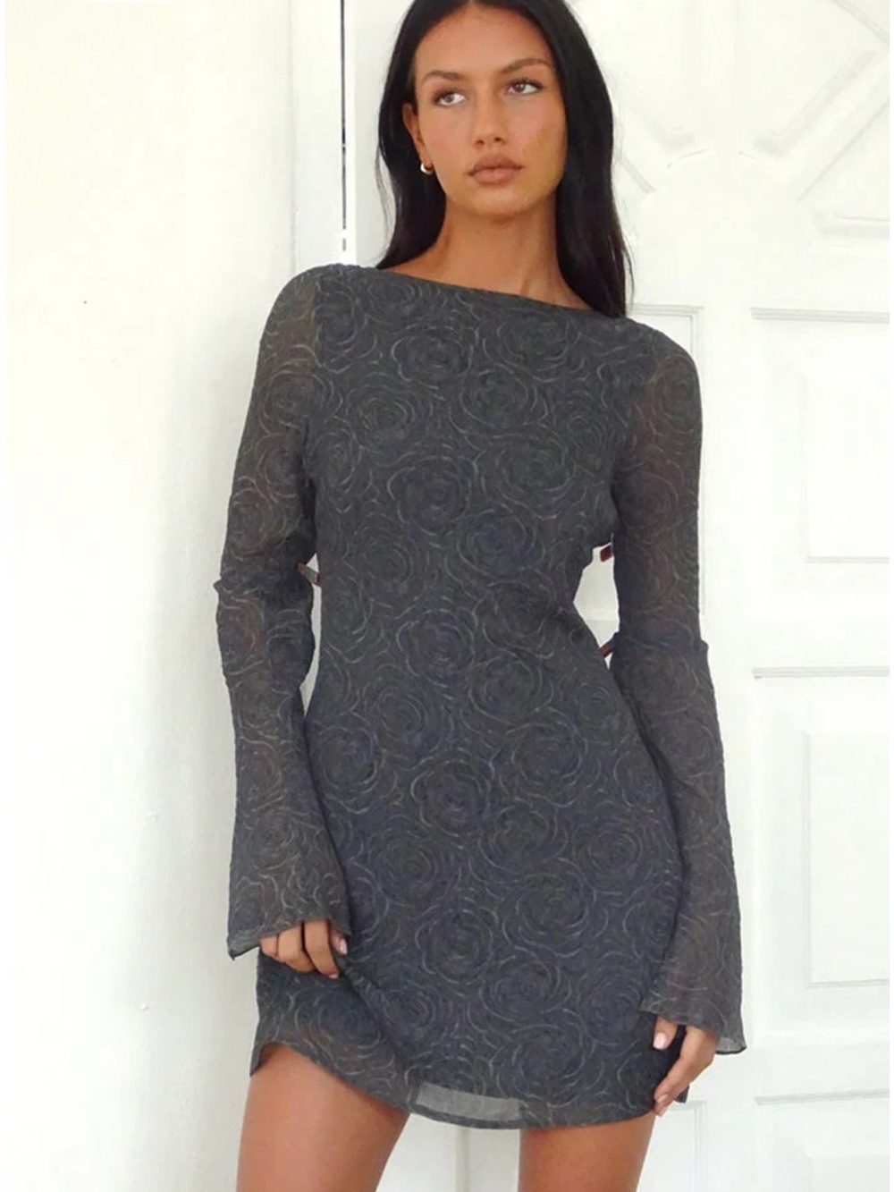 NWT Motel x Urban Long-Sleeve Textured Mini Dress in Charcoal Gray